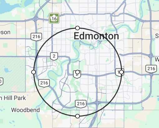 Map of Edmonton showing the 8 km in-home service radius from south-central Edmonton